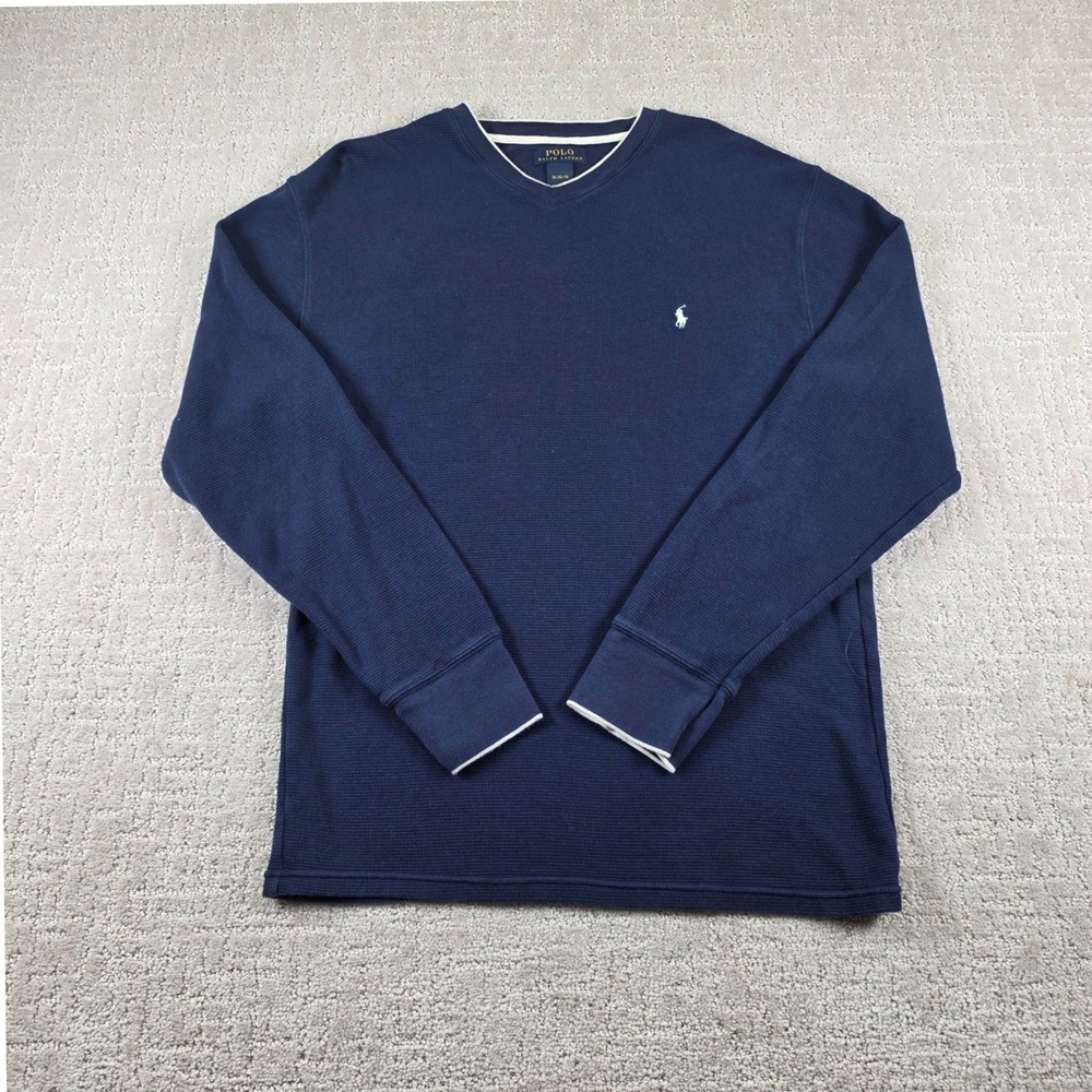 Polo Ralph Lauren Mens XL Navy Blue V-Neck Waffle Knit Thermal Long Sleeve Shirt